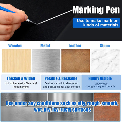Image showing a marking pen in use for wood, metal, leather, and stone, highlighting versatility of Two Pack Welders Pencil Kit With Forty Eight 2.0 Mm Round Refills, Mechanical Metal Welding Marker For Tube And Pipe Fitters, Welder And Steel Construction Professionals For Woodworking, Silver And Black.