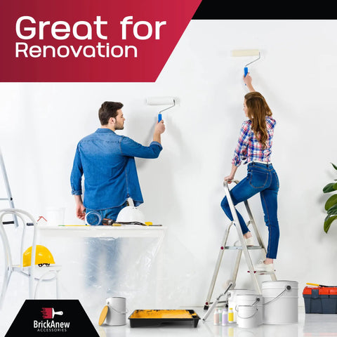 Couple painting a wall with rollers, using the Five Piece 4 Inch Paint Tray Set With Disposable Liners, step ladder in use.