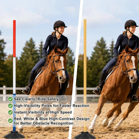 Rider and horse using Six 6-Foot Adjustable Pole Bending Poles For Horses And Pups in equestrian training