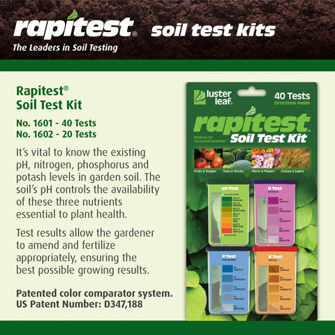 Packaging of Easy At Home DIY Soil Test Kit for gardens with quick pH and NPK analysis, showing 40 and 20 test versions.