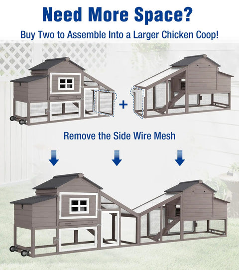 Ultimate Chicken Coop With Run And Wheels for Outdoor Backyard showing assembly into larger unit with slide out tray