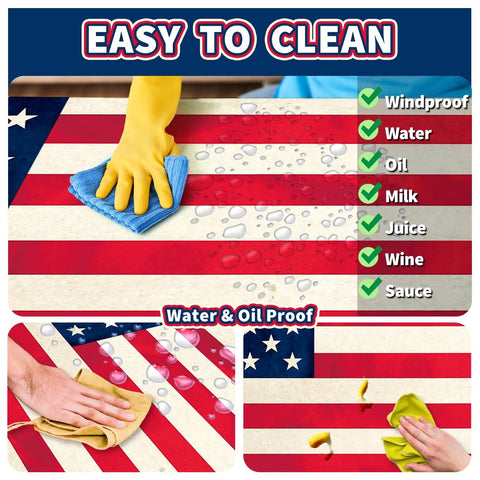 Vintage Patriotic American Flag Picnic Table Cover Set With Bench Covers Waterproof Outdoor Tablecloths For 6 Foot Tables 72x30 And 72x12, showing easy-to-clean design with water-resistant surface.