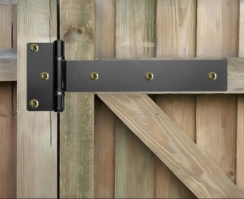 Industrial Strength 12 Inch T Strap Gate Hinges 4mm Thick 180 Degree Swing Rust Proof Black Steel installed on wooden gate
