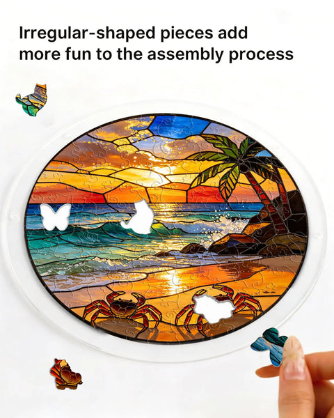 Jigsaw Puzzle Suncatcher Two In One Starry Night Dachshund Design DIY Acrylic Puzzle Kit with colorful sunset beach scene