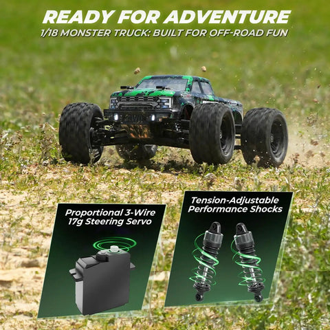 1 18 Scale RC Truck 4x4 Off Road Beast With Top Speed 36 kmh Hobby Grade 2.4GHz Remote Water Resistant Electronics displayed outdoors