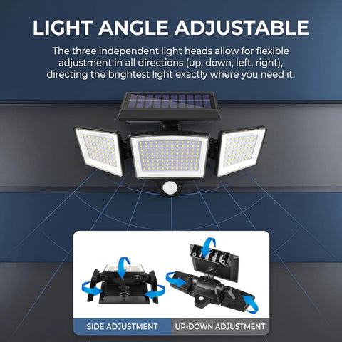 Hotainoys Solar Motion Sensor Outdoor Lights, 3-Head 208led Solar Flood Lights Outdoor Waterproof with adjustable light angles.