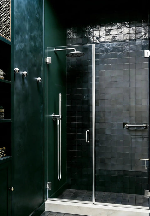 Modern shower with black tiles featuring Heavy Duty Solid Brass Wall Supply Elbow With O Ring Flange And Hand Shower Holder One Half NPT Female Inlet Round Chrome Wall Union Hand Shower Bracket G Half Inch Outlet No Fuss Easy Install Durable Water Supply Upgrade.
