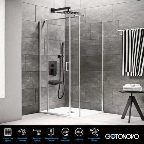 Complete Shower System With Tub Spout And Rainfall Head Waterfall Spout Handheld Spray Wall Mount Valve Kit Ten Inch Chrome Shower Head Brass Rough In Valve High Flow One Point Four One GPM No Fuss Install in modern bathroom setting.