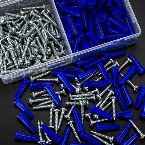 200 Piece Conical Concrete Wall Anchors And Self Tapping Screws Kit For Drywall With 10 Gauge Blue Anchors shown