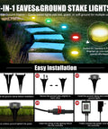Installation guide for 150 Ft 2-In-1 Eaves And Ground LED String Lights With App And Remote Control, showing steps and features.
