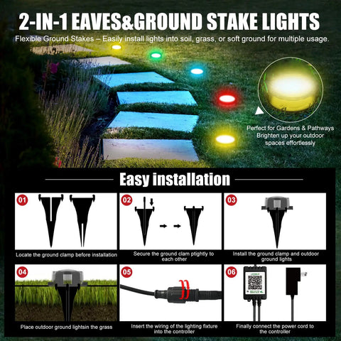Installation guide for 150 Ft 2-In-1 Eaves And Ground LED String Lights With App And Remote Control, showing steps and features.