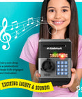 Electronic Piggy Bank For Kids With Passcode Lock And ATM Style Safe held by girl with musical notes in background