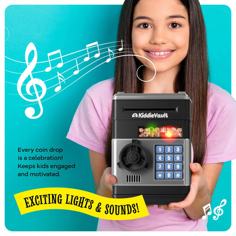 Electronic Piggy Bank For Kids With Passcode Lock And ATM Style Safe held by girl with musical notes in background