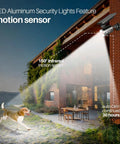 Solar Motion Flood Security Lights with PIR Sensor illuminating patio, detects up to 26 feet, 120 degree coverage, aluminum case.