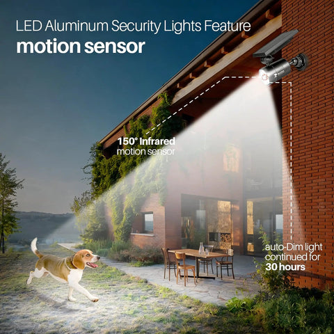 Solar Motion Flood Security Lights with PIR Sensor illuminating patio, detects up to 26 feet, 120 degree coverage, aluminum case.