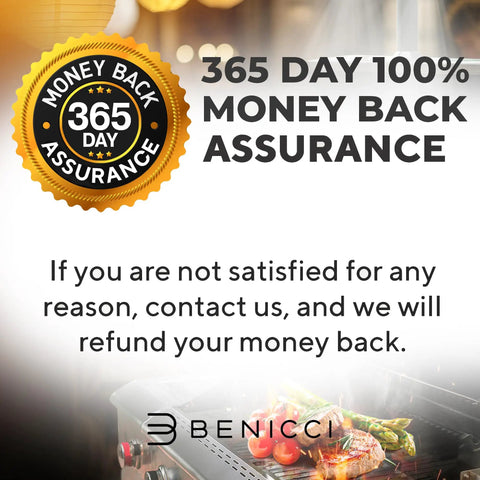 365 day money back assurance message for LED BBQ Grill Light Set Of 2 With 360 Degree Magnetic Base And Extra Long Gooseneck offer.