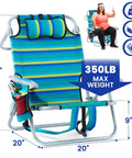Portable Camping Recliner Chair For Adults With 5 Adjustable Positions And Lay Flat Mode, supports 350 lbs, shown with measurements