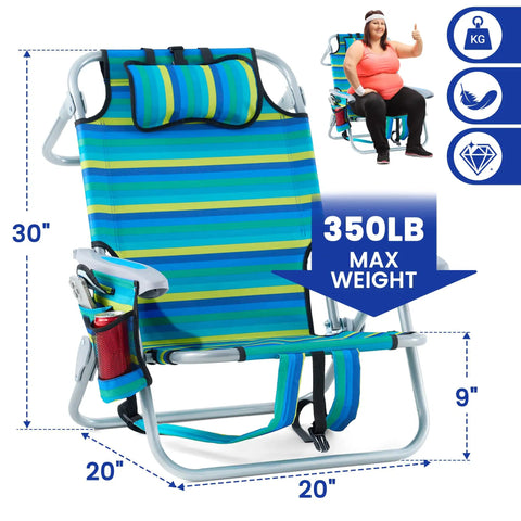 Portable Camping Recliner Chair For Adults With 5 Adjustable Positions And Lay Flat Mode, supports 350 lbs, shown with measurements