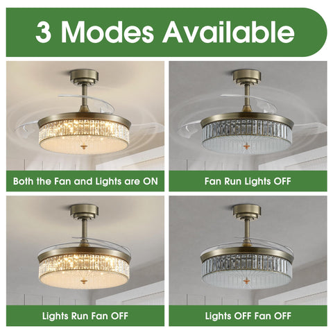 42 Inch Dimmable Fandelier Ceiling Fan With Light And Remote Control showing three modes and retractable blades