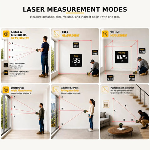 4 In 1 Laser Tape Measure With Cross Line Laser Retractable Tape 328 Ft Laser Range And 16 Ft Tape Fast Accurate Measurements For DIY Home Reno And Pro Builds, laser modes chart