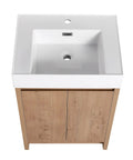 HAOCHRYSYPH Bathroom Resin Sink, Gloss White, 23.60 L x 18.10 W x 4.70 H in, top view showing rectangular basin and wood cabinet.