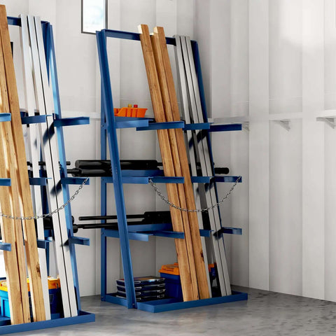Vertical Bar Rack For Workshop Or Garage, Heavy Duty Pipe And Lumber Storage System With 3000 Lb Capacity, steel shelves, indoors.