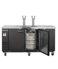 Black Exterior Dual Tower Beer Dispenser Featuring Twin Insulated Stainless Steel Tap Towers Designed To Keep Three Full Size Kegs Ice Cold For Weekend Kickbacks And Backyard Hangouts, with glass door showing keg inside.