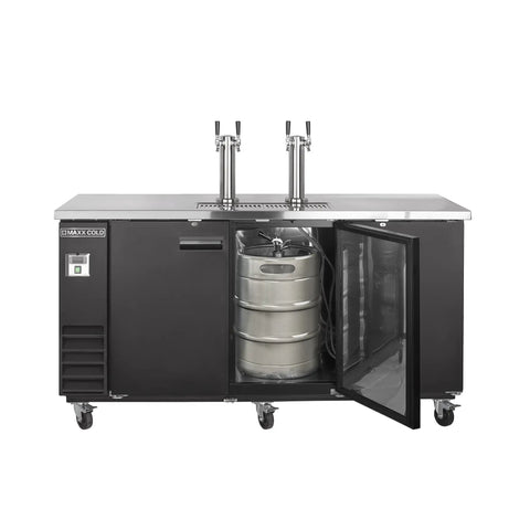 Black Exterior Dual Tower Beer Dispenser Featuring Twin Insulated Stainless Steel Tap Towers Designed To Keep Three Full Size Kegs Ice Cold For Weekend Kickbacks And Backyard Hangouts, with glass door showing keg inside.