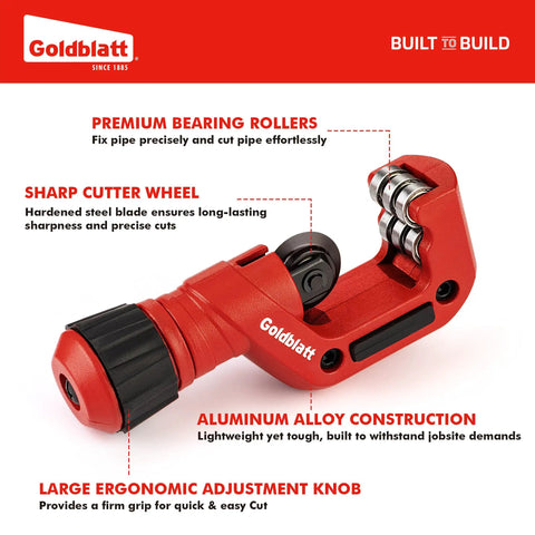 No Nonsense CSST Tubing And Copper Pipe Cutter, red aluminum frame, six-roller design, 1/8 to 1-1/4 inch range, for plumbing.