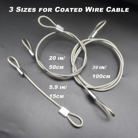 Vinyl Coated Stainless Steel Cable Lanyards With Double Loop Ends Six Inch Length Three Millimeter Wire Diameter Twenty Pack Ultra Durable Heavy Duty Safety Tethers For Tools And Outdoor Gear shown in three sizes on black background