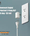 Right Angle Nema 1-15P To Nema 1-15R Power Adapter Vertical Down Angled 2 Prong 15 Amp 125 Volt ETL Certified plugged into outlet