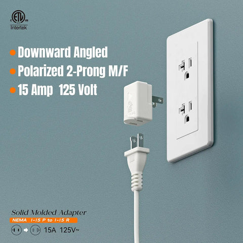 Right Angle Nema 1-15P To Nema 1-15R Power Adapter Vertical Down Angled 2 Prong 15 Amp 125 Volt ETL Certified plugged into outlet
