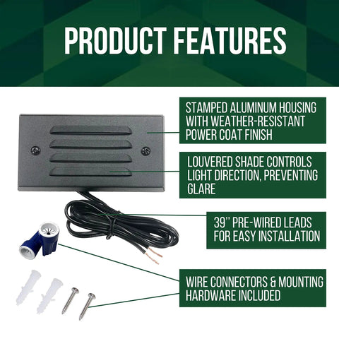 12V 3W Surface Mount LED Step Light With Horizontal Louver Faceplate For Steps Decks Pathways Yards And Fences Low Voltage Outdoor Lighting IP65 Waterproof For Wet Locations Pack Of 6 shown with housing and installation accessories.