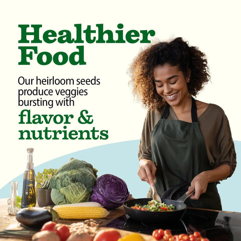 Woman cooking with vegetables from Survival Seed Vault With 55 Heirloom Varieties And 28000 Seeds Non GMO For Year Round Gardening Easy Germination Emergency Food Supply And A Family Friendly Garden Starter Kit For Home Growers And Greenhouse Enthusiasts.