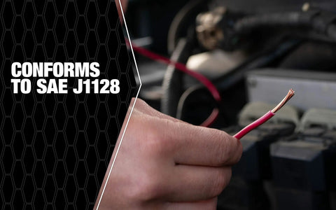 Hand holding 18 Gauge Primary Wire Bulk Spool 100 Feet Red Heavy Duty Work Ready PVC Jacket Water Oil Chemical Resistant
