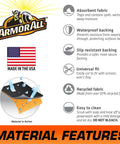 Armor All material features text with icons, highlighting absorbent fabric, waterproof backing, slip resistance, universal fit.