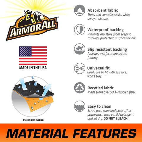 Armor All material features text with icons, highlighting absorbent fabric, waterproof backing, slip resistance, universal fit.