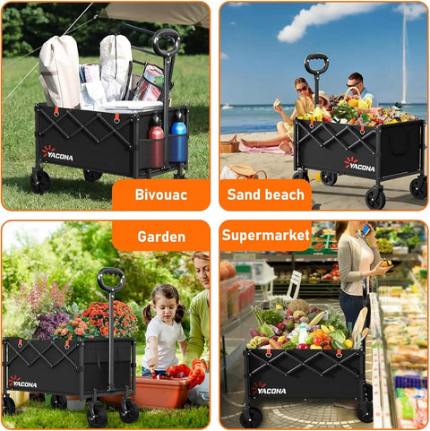 Foldable Lightweight Utility Wagon Cart With Wheels For Grocery Shopping Camping Beach Garden And Sports Black Heavy Duty Collapsible Wagon hauling items outdoors