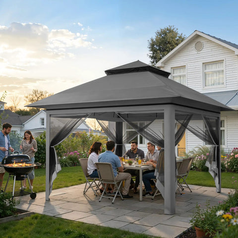 13x13 Pop Up Gazebo With Mosquito Netting One Push Setup No Tools Needed Ventilated Roof For Fresh Air Sturdy Frame Ideal For Patio Garden Or Backyard Dark Gray with people dining underneath in a backyard setting.