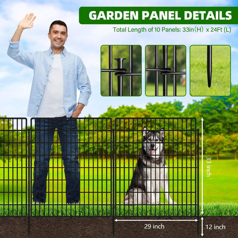 10 Panel Garden Fence Animal Barrier 33 Inch High 24 Foot Long No Dig Rustproof Metal Wire Panels For Yard Outdoor Dog Fence And Rabbit Barrier Ground Stakes Decorative Tall Fence