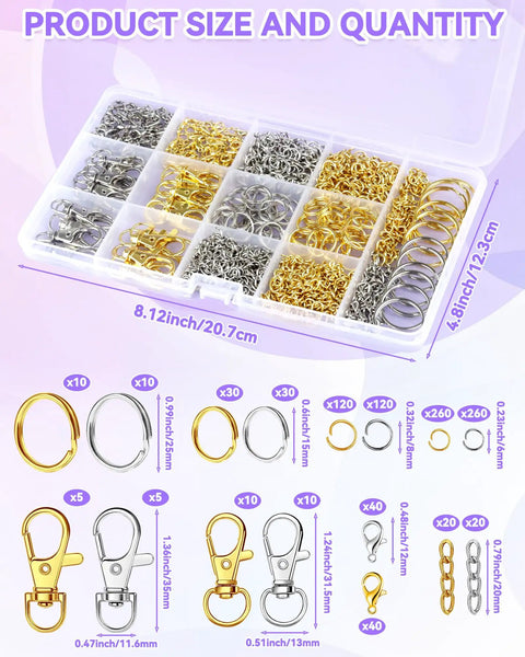 Totally Rad 990 Piece DIY Keychain Craft Kit featuring assorted gold and silver clasps in a sorted case for jewelry making.