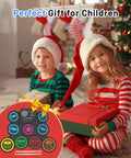 Kids holding presents with drum set graphic overlay, Roll Up 9 Pad Electronic Drum Set With Headphone Jack And Built In Speaker Bass Pedal Sticks 10 Hours Playtime 3 Toms 2 Crashes 1 Hi Hat 1 Ride Totally Beginner Friendly Kids Christmas Gift For Real Drummers