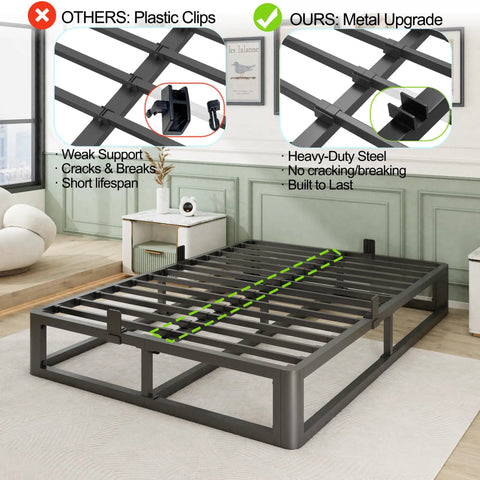 Bulletproof King Bed Frame With 10 Inch Height, Heavy Duty Steel Slats Holding Up To 3500 Lbs, Metal Slat Support Upgrade.