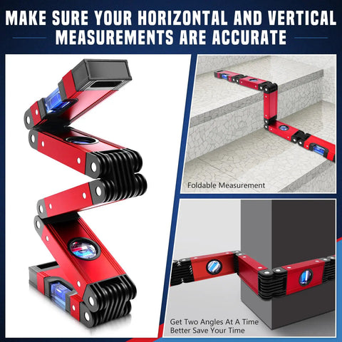 Go-To 28 Inch Folding Level Tool With Magnetic Base shown folded measuring angles on steps and ledges