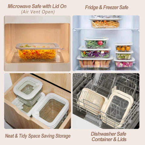Square Glass Food Storage Containers With Glass Lids For Grab And Go Meals Microwave Safe Borosilicate Glass Leakproof Meal Prep Set BPA Free Removable Colander Silicone Lid 2 Pack in fridge and microwave