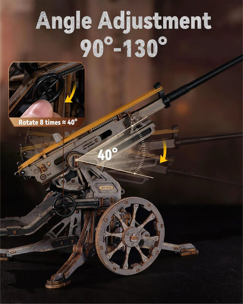 Anti Aircraft Gun Mechanical Model Kit With Semi Automatic Firing Action, Dope 3D Wooden Puzzle For Adults, DIY Rubber Band Gun Toy, Interactive Building Model Kit For Fun And Creative Play, 40° angle
