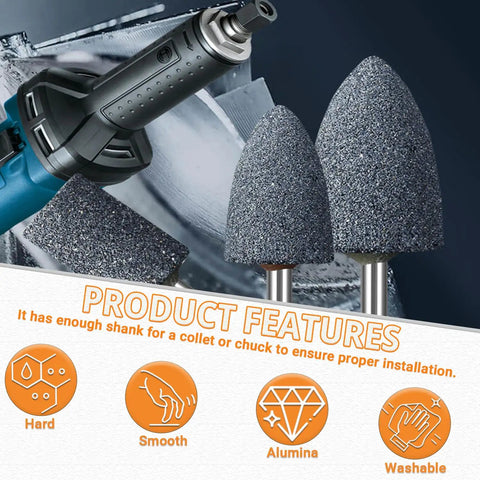 Cone Shaped Aluminum Oxide Grinding Stone Set with Quarter Inch Shank for Grinding Polishing, product features displayed