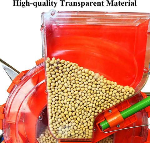 Close-up of soybean compartment in Handheld Seed And Fertilizer Spreader With Dual Buckets Easy Push Roller Seeding Tool.