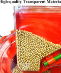 Portable Manual Garden Seeder With Dual Seed And Fertilizer Buckets showing transparent seed compartment filled with soybeans