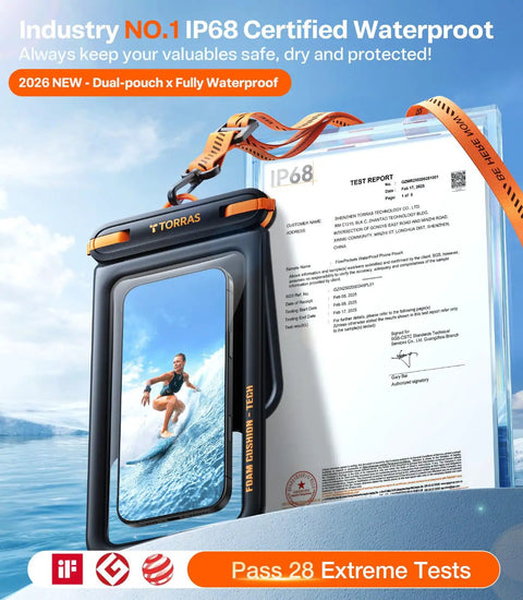 IP68 Waterproof Phone Pouch With Dual Pockets And Lanyard Floating Dry Bag For IPhone 17 Pro Max 16 15 14 S26 S25 7.0 Inch Fits Ideal Travel Cruise Ship Beach Vacation Gear showing a waterproof certification and a surfing image inside the pouch.
